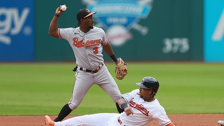 Sep 24, 2023; Cleveland, Ohio, USA; Baltimore Orioles shortstop Jorge Mateo (3) throws to first to complete a double play after forcing out Cleveland Guardians third baseman Jose Ramirez (11) during the first inning at Progressive Field. Mandatory Credit: Aaron Josefczyk-USA TODAY Sports