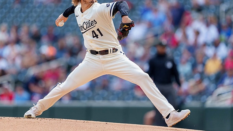 Sep 24, 2023; Minneapolis, Minnesota, USA; Minnesota Twins starting pitcher Joe Ryan (41) pitches to the Los Angeles Angels in the first inning at Target Field. Mandatory Credit: Matt Blewett-USA TODAY Sports