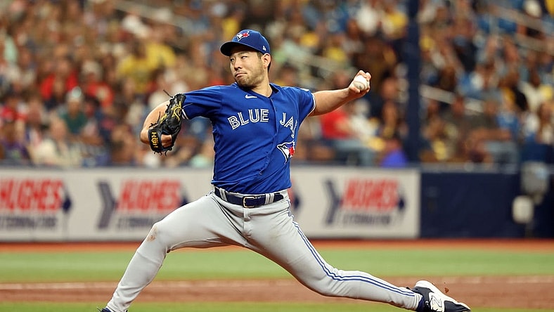 Sep 24, 2023; St. Petersburg, Florida, USA; Toronto Blue Jays starting pitcher Yusei Kikuchi (16) throws a pitch against the Tampa Bay Rays during the second inning at Tropicana Field. Mandatory Credit: Kim Klement Neitzel-USA TODAY Sports