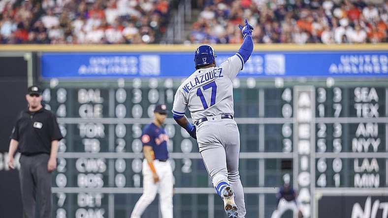 Sep 24, 2023; Houston, Texas, USA; Kansas City Royals right fielder Nelson Velazquez (17) celebrates while rounding the bases after hitting a home run during the third inning against the Houston Astros at Minute Maid Park. Mandatory Credit: Troy Taormina-USA TODAY Sports