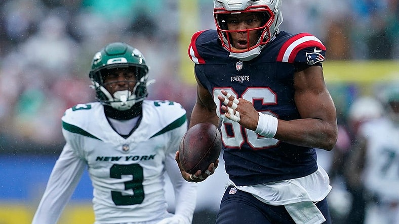 New England Patriots tight end Pharaoh Brown on his way to a touchdown against the New York Jets in the first half of a regular season game at MetLife Stadium on Sunday, Sept. 24, 2023, in East Rutherford.