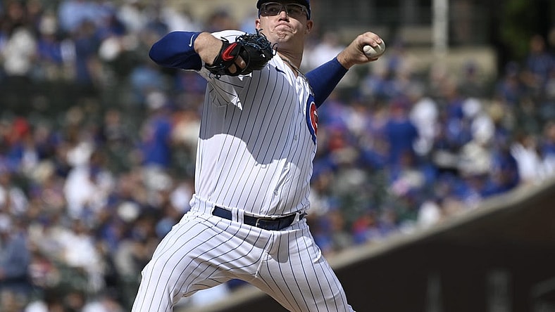 Sep 24, 2023; Chicago, Illinois, USA;  Chicago Cubs starting pitcher Jordan Wicks (36) delivers the ball against the Colorado Rockies during the first inning at Wrigley Field. Mandatory Credit: Matt Marton-USA TODAY Sports