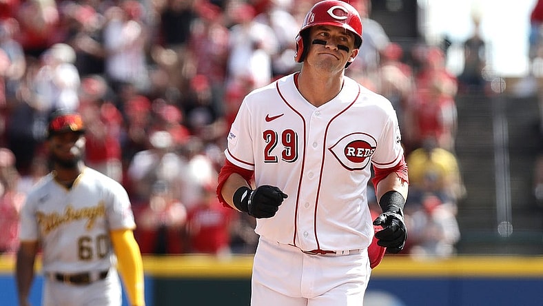 Sep 24, 2023; Cincinnati, Ohio, USA; Cincinnati Reds center fielder TJ Friedl (29) runs the bases after hitting a two-run home run against the Pittsburgh Pirates during the sixth inning at Great American Ball Park. Mandatory Credit: David Kohl-USA TODAY Sports