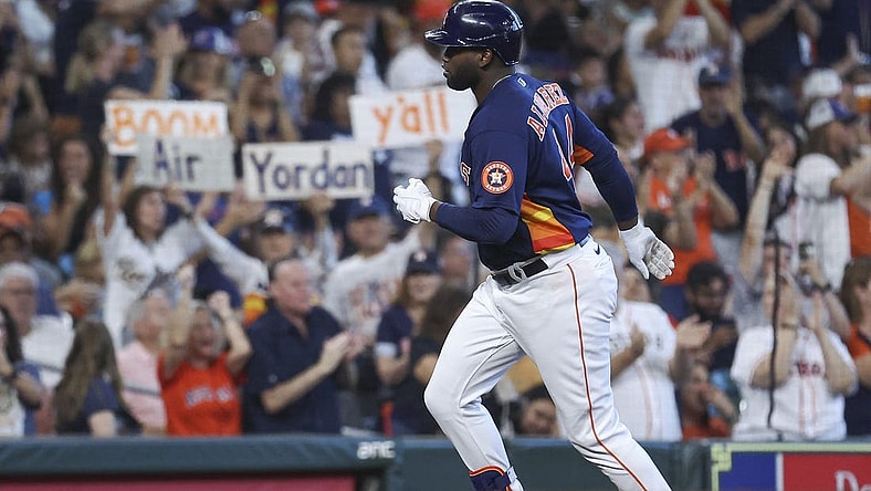 Sep 24, 2023; Houston, Texas, USA; Houston Astros left fielder Yordan Alvarez (44) rounds the bases after hitting a home run during the fifth inning against the Kansas City Royals at Minute Maid Park. Mandatory Credit: Troy Taormina-USA TODAY Sports
