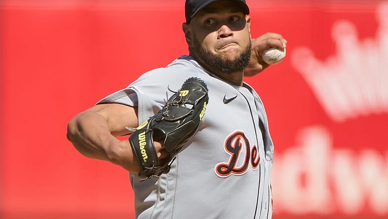 Sep 24, 2023; Oakland, California, USA; Detroit Tigers starting pitcher Eduardo Rodriguez (57) throws a pitch against the Oakland Athletics during the first inning at Oakland-Alameda County Coliseum. Mandatory Credit: Robert Edwards-USA TODAY Sports