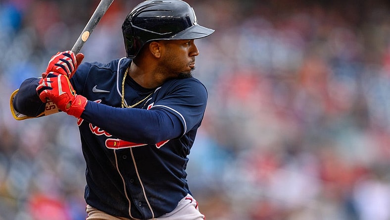 Sep 24, 2023; Washington, District of Columbia, USA; Atlanta Braves second baseman Ozzie Albies (1) at bat during the fifth inning against the Washington Nationals at Nationals Park. Mandatory Credit: Reggie Hildred-USA TODAY Sports