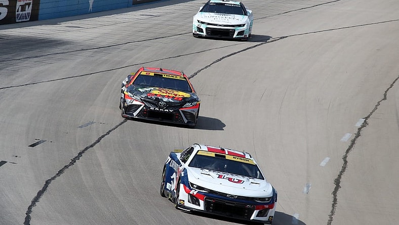 Sep 24, 2023; Fort Worth, Texas, USA;  NASCAR Cup Series driver William Byron (24) and driver Martin Truex Jr. (19) during the AutoTrader EcoPark Automotive 400 at Texas Motor Speedway. Mandatory Credit: Michael C. Johnson-USA TODAY Sports