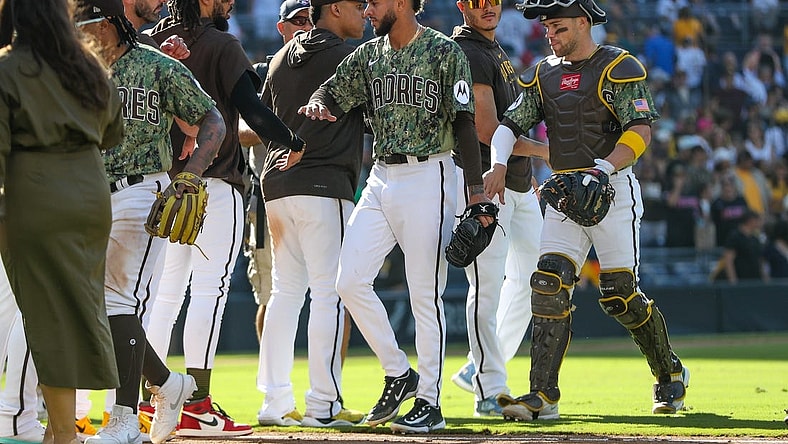 Sep 24, 2023; San Diego, California, USA; San Diego Padres relief pitcher Jose Espada(40) celebrates with teammates after the San Diego Padres defeat the St. Louis Cardinals 12-2 at Petco Park. Mandatory Credit: David Frerker-USA TODAY Sports