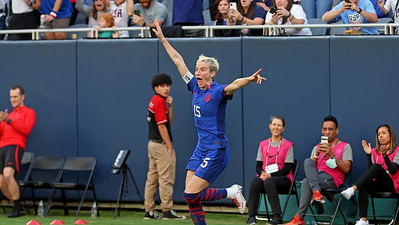 Sep 24, 2023; Chicago, Illinois, USA; United States forward Megan Rapinoe (15) celebrates after her corner kick led to a goal against South Africa scored by defender Emily Sonnett (not pictured) during the second half at Soldier Field. Mandatory Credit: Jon Durr-USA TODAY Sports