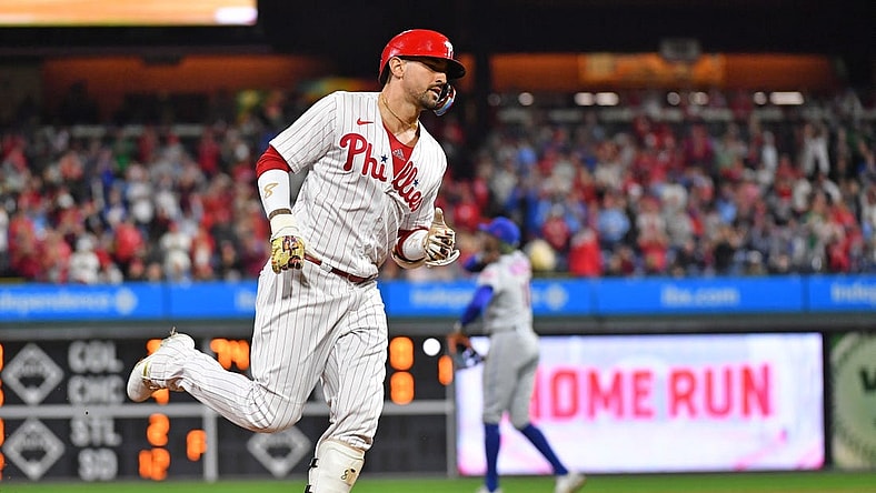 Sep 24, 2023; Philadelphia, Pennsylvania, USA; Philadelphia Phillies right fielder Nick Castellanos (8) runs the bases after hitting a home run against the New York Mets during the fourth inning at Citizens Bank Park. Mandatory Credit: Eric Hartline-USA TODAY Sports