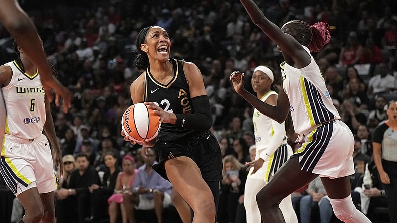 Sep 24, 2023; Las Vegas, Nevada, USA; Las Vegas Aces center A'ja Wilson (22) looks for a clear shot during the second half of game one of the 2023 WNBA Playoffs at Michelob Ultra Arena. Mandatory Credit: Kirby Lee-USA TODAY Sports