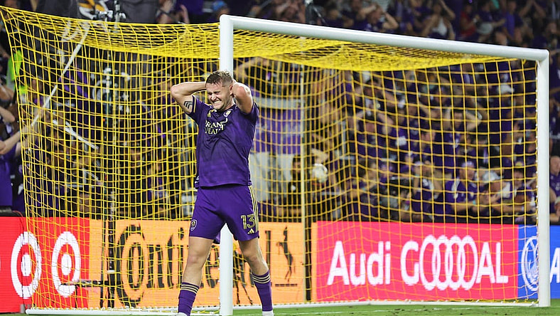 Sep 24, 2023; Orlando, Florida, USA; Orlando City forward Duncan McGuire (13) reacts during the first half against Inter Miami CF at Exploria Stadium. Mandatory Credit: Cory Knowlton-USA TODAY Sports