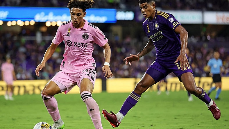 Sep 24, 2023; Orlando, Florida, USA; Inter Miami CF midfielder David Ruiz (41) controls the ball against Orlando City midfielder Wilder Cartagena (16) during the first half at Exploria Stadium. Mandatory Credit: Cory Knowlton-USA TODAY Sports