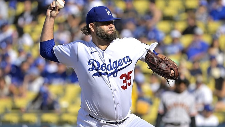 Sep 24, 2023; Los Angeles, California, USA;  Los Angeles Dodgers starting pitcher Lance Lynn (35) delivers in the first inning against the San Francisco Giants at Dodger Stadium. Mandatory Credit: Jayne Kamin-Oncea-USA TODAY Sports