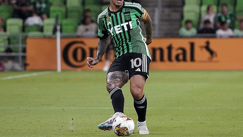 Sep 24, 2023; Austin, Texas, USA; Austin FC forward Sebastian Driussi (10) makes a pass against the Los Angeles Galaxy during the first half at Q2 Stadium. Mandatory Credit: Scott Wachter-USA TODAY Sports