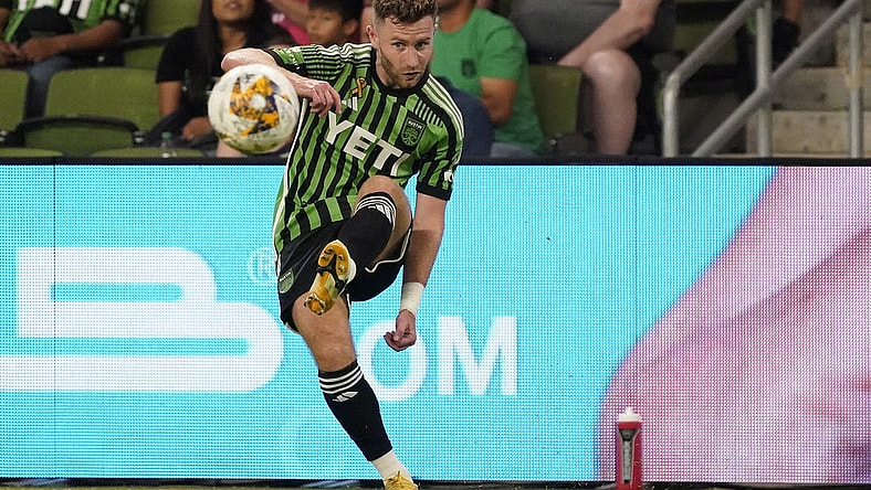 Sep 24, 2023; Austin, Texas, USA; Austin FC forward Jon Gallagher (17) kicks the ball against the Los Angeles Galaxy during the first half at Q2 Stadium. Mandatory Credit: Scott Wachter-USA TODAY Sports