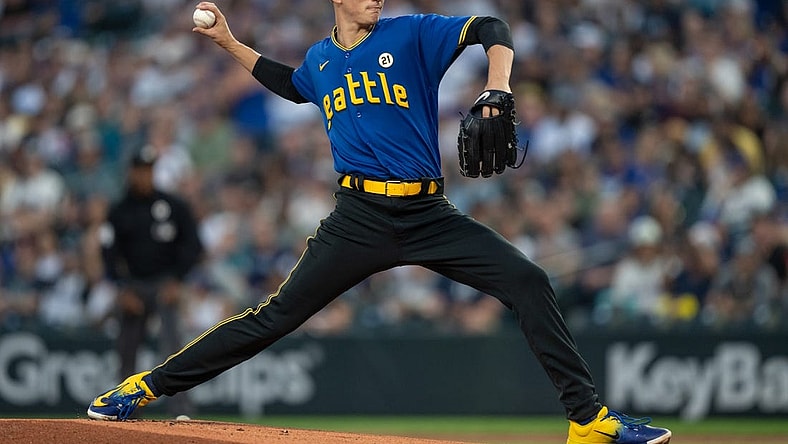 Sep 15, 2023; Seattle, Washington, USA; Seattle Mariners starter George Kirby (68) delivers a pitch against the Los Angeles Dodgers at T-Mobile Park. Mandatory Credit: Stephen Brashear-USA TODAY Sports