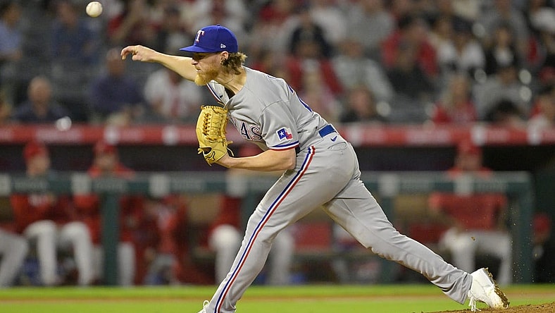 Sep 25, 2023; Anaheim, California, USA; Texas Rangers starting pitcher Jon Gray (22) pitches in the second inning against the Los Angeles Angels at Angel Stadium. Mandatory Credit: Jayne Kamin-Oncea-USA TODAY Sports