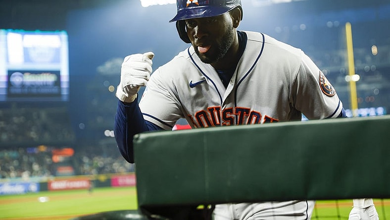 Sep 25, 2023; Seattle, Washington, USA; Houston Astros designated hitter Yordan Alvarez (44) celebrates after hitting a solo-home run against the Seattle Mariners during the third inning at T-Mobile Park. Mandatory Credit: Joe Nicholson-USA TODAY Sports