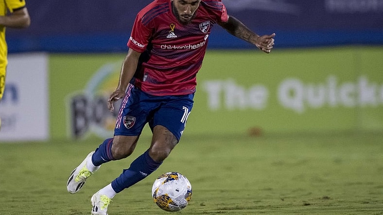 Sep 23, 2023; Frisco, Texas, USA; FC Dallas forward Jesus Ferreira (10) in action during the game between FC Dallas and the Columbus Crew at Toyota Stadium. Mandatory Credit: Jerome Miron-USA TODAY Sports