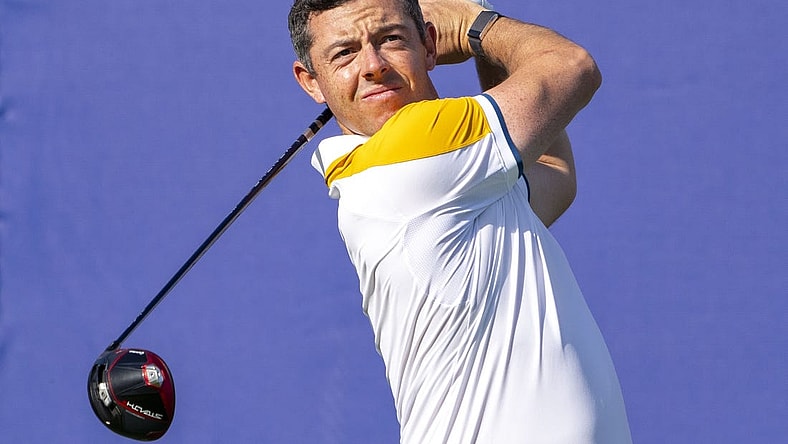 September 26, 2023; Rome, ITALY; Team Europe golfer Rory McIlroy hits his tee shot on the first hole during a practice round of the Ryder Cup golf competition at Marco Simone Golf and Country Club. Mandatory Credit: Kyle Terada-USA TODAY Sports