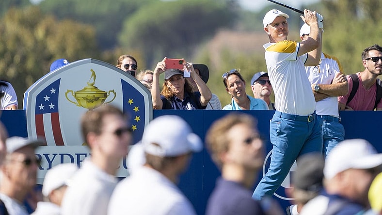 September 26, 2023; Rome, ITALY; Team Europe golfer Justin Rose hits his tee shot on the third hole during a practice round of the Ryder Cup golf competition at Marco Simone Golf and Country Club. Mandatory Credit: Kyle Terada-USA TODAY Sports