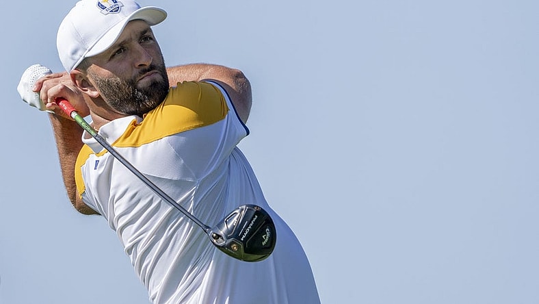 September 26, 2023; Rome, ITALY; Team Europe golfer Jon Rahm hits his tee shot on the third hole during a practice round of the Ryder Cup golf competition at Marco Simone Golf and Country Club. Mandatory Credit: Kyle Terada-USA TODAY Sports