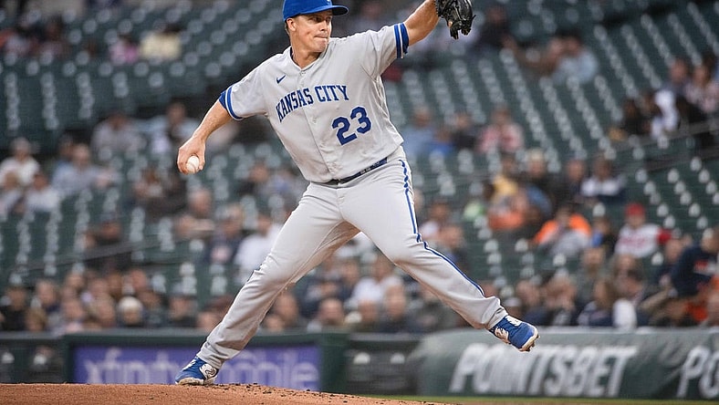 Sep 26, 2023; Detroit, Michigan, USA; Kansas City Royals starting pitcher Zack Greinke (23) pitches during the first inning against the Detroit Tigers at Comerica Park. Mandatory Credit: Tim Fuller-USA TODAY Sports