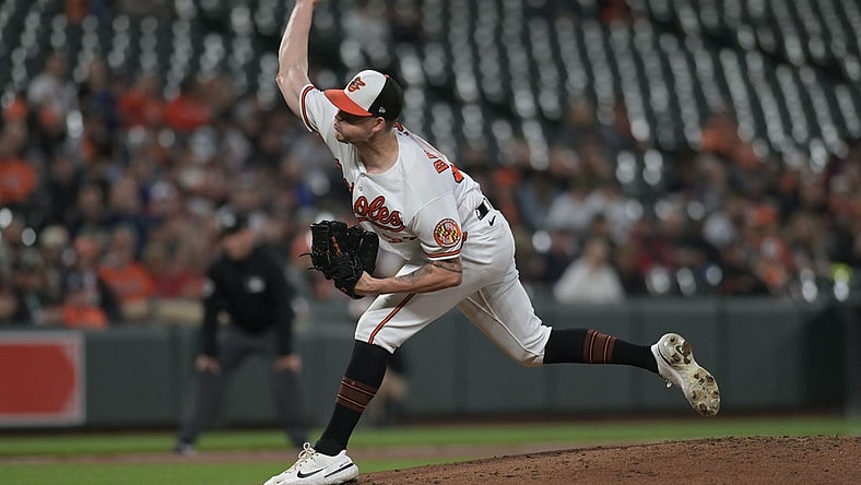 Sep 26, 2023; Baltimore, Maryland, USA;  Baltimore Orioles starting pitcher Kyle Bradish (39) throws a second inning pitch against the Washington Nationals at Oriole Park at Camden Yards. Mandatory Credit: Tommy Gilligan-USA TODAY Sports