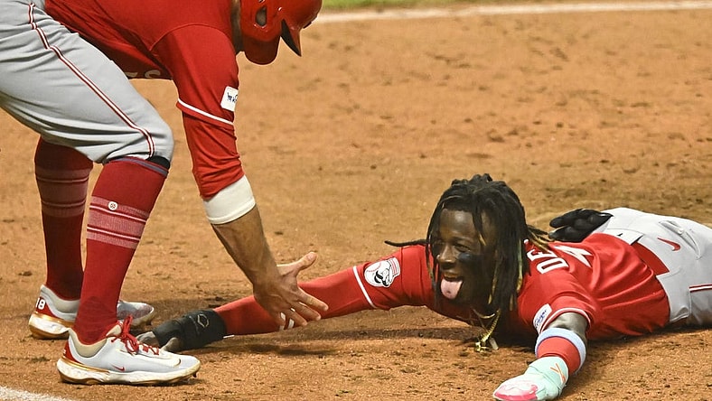 Sep 26, 2023; Cleveland, Ohio, USA; Cincinnati Reds shortstop Elly De La Cruz (44) reacts after scoring in the fifth inning against the Cleveland Guardians at Progressive Field. Mandatory Credit: David Richard-USA TODAY Sports