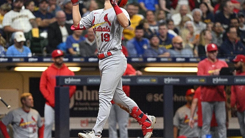 Sep 26, 2023; Milwaukee, Wisconsin, USA; St. Louis Cardinals shortstop Tommy Edman (19) celebrates after hitting a home run against the Milwaukee Brewers in the fifth inning at American Family Field. Mandatory Credit: Michael McLoone-USA TODAY Sports