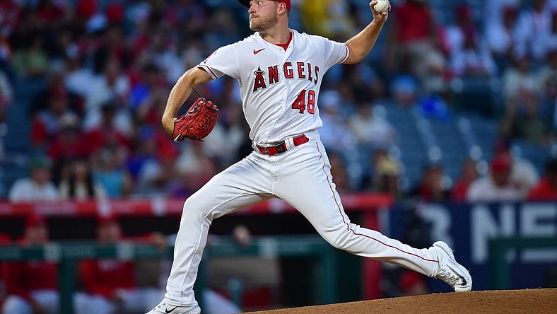 Sep 26, 2023; Anaheim, California, USA; Los Angeles Angels starting pitcher Reid Detmers (48) throws against the Texas Rangers during the first inning at Angel Stadium. Mandatory Credit: Gary A. Vasquez-USA TODAY Sports