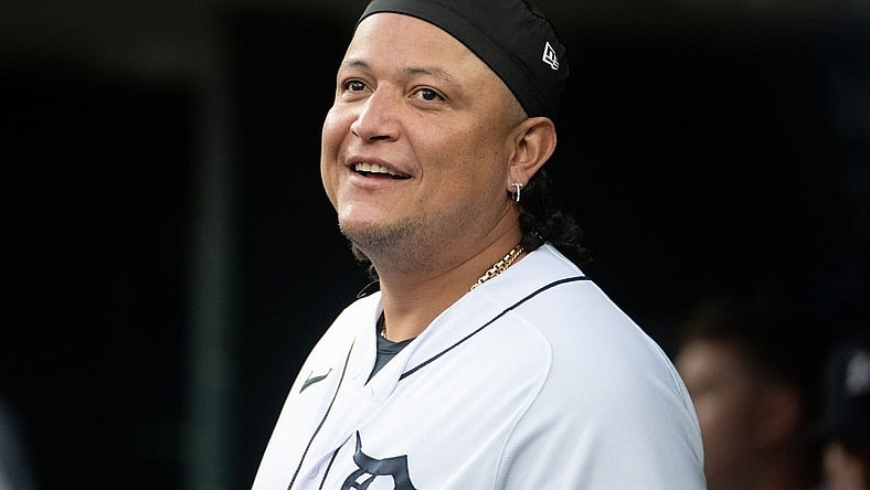 Sep 26, 2023; Detroit, Michigan, USA; Detroit Tigers designated hitter Miguel Cabrera (24) looks on during the first inning against the Kansas City Royals at Comerica Park. Mandatory Credit: Tim Fuller-USA TODAY Sports