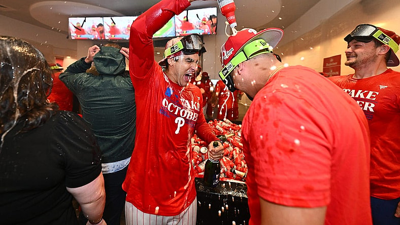 Sep 26, 2023; Philadelphia, Pennsylvania, USA; The Philadelphia Phillies celebrate in the locker room after the game against the Pittsburgh Pirates at Citizens Bank Park. Mandatory Credit: Kyle Ross-USA TODAY Sports