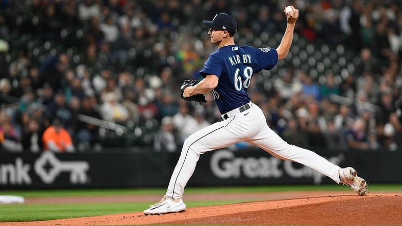 Sep 26, 2023; Seattle, Washington, USA; Seattle Mariners starting pitcher George Kirby (68) pitches to the Houston Astros during the first inning at T-Mobile Park. Mandatory Credit: Steven Bisig-USA TODAY Sports