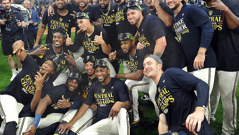 Sep 26, 2023; Milwaukee, Wisconsin, USA; Milwaukee Brewers clinch the National League Central with a Chicago Cubs loss and celebrate at American Family Field. Mandatory Credit: Michael McLoone-USA TODAY Sports