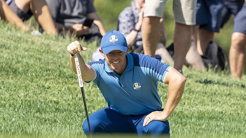 September 27, 2023; Rome, ITA; Team Europe golfer Rory McIlroy lines up his putt on the 14th hole during a practice day for the Ryder Cup golf competition at Marco Simone Golf and Country Club. Mandatory Credit: Kyle Terada-USA TODAY Sports
