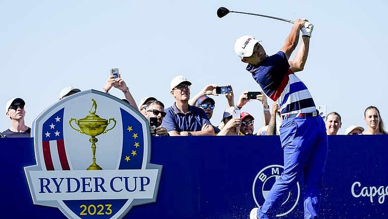 Sep 27, 2023; Rome, ITA; Team USA golfer Collin Morikawa tees off on the third hole during a practice day for the Ryder Cup golf competition at Marco Simone Golf and Country Club. Mandatory Credit: Adam Cairns-USA TODAY Sports