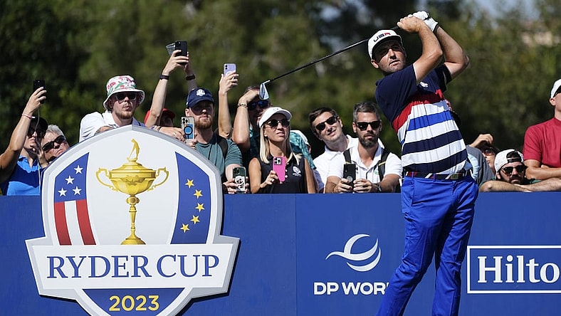 Sep 27, 2023; Rome, ITA; Team USA golfer Scottie Scheffler tees off on six during a practice day for the Ryder Cup golf competition at Marco Simone Golf and Country Club. Mandatory Credit: Adam Cairns-USA TODAY Sports