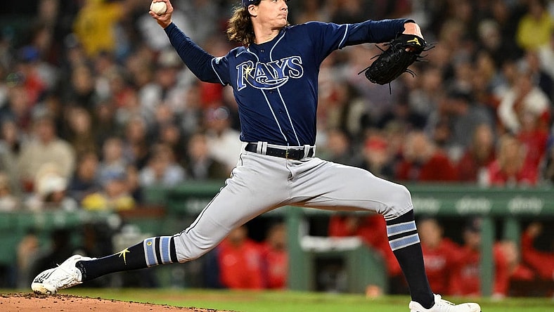 cSep 27, 2023; Boston, Massachusetts, USA; Tampa Bay Rays starting pitcher Tyler Glasnow (20) pitches against the Boston Red Sox during the third inning at Fenway Park. Mandatory Credit: Brian Fluharty-USA TODAY Sports