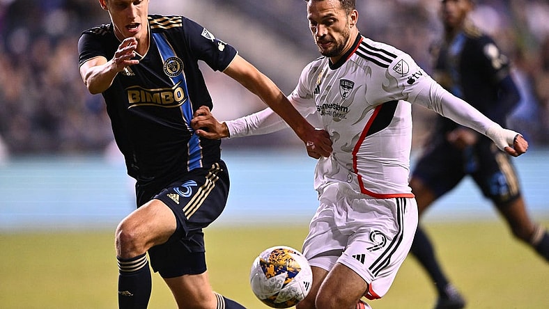 Sep 27, 2023; Philadelphia, Pennsylvania, USA; FC Dallas forward Jesus Jimenez (9) kicks the ball against Philadelphia Union defender Jack Elliott (3) during the first half at Subaru Park. Mandatory Credit: Kyle Ross-USA TODAY Sports