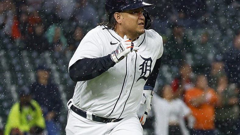 Sep 27, 2023; Detroit, Michigan, USA; Detroit Tigers designated hitter Miguel Cabrera (24) hits a home run in the second inning at Comerica Park. Mandatory Credit: Brian Bradshaw Sevald-USA TODAY Sports