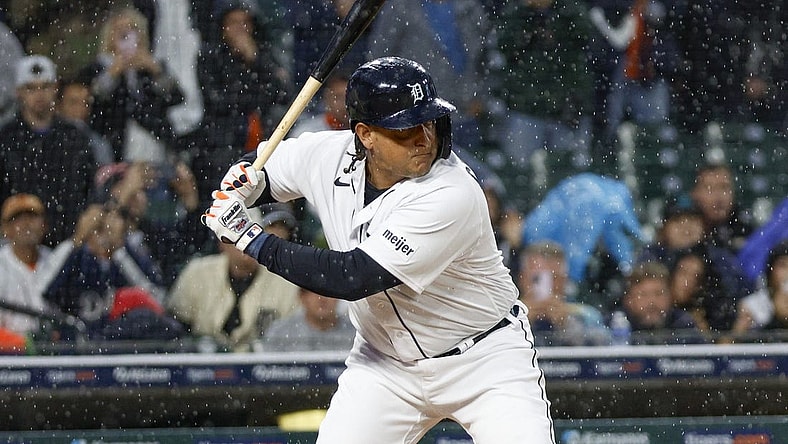 Sep 27, 2023; Detroit, Michigan, USA; Detroit Tigers designated hitter Miguel Cabrera (24) prepares to swing during an at bat in the second inning at Comerica Park. Mandatory Credit: Brian Bradshaw Sevald-USA TODAY Sports