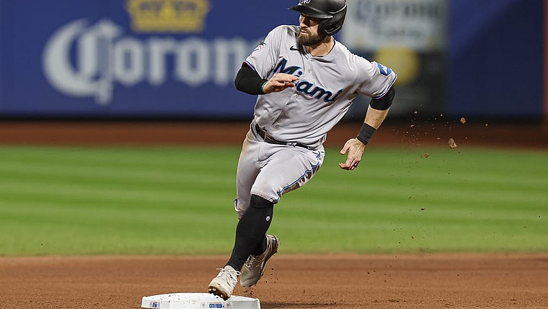 Sep 27, 2023; New York, NY, USA;  Miami Marlins shortstop Jon Berti (5) rounds second base during a single by first baseman Josh Bell (not pictured) during the fifth inning against the New York Mets at Citi Field.  Mandatory Credit: Vincent Carchietta-USA TODAY Sports