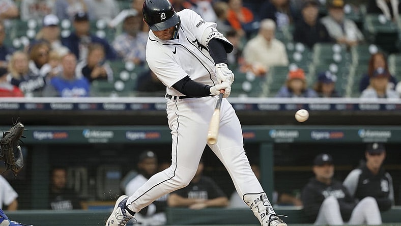Sep 28, 2023; Detroit, Michigan, USA; Detroit Tigers designated hitter Spencer Torkelson (20) hits a three run home run in the seventh inning against the Kansas City Royals at Comerica Park. Mandatory Credit: Rick Osentoski-USA TODAY Sports