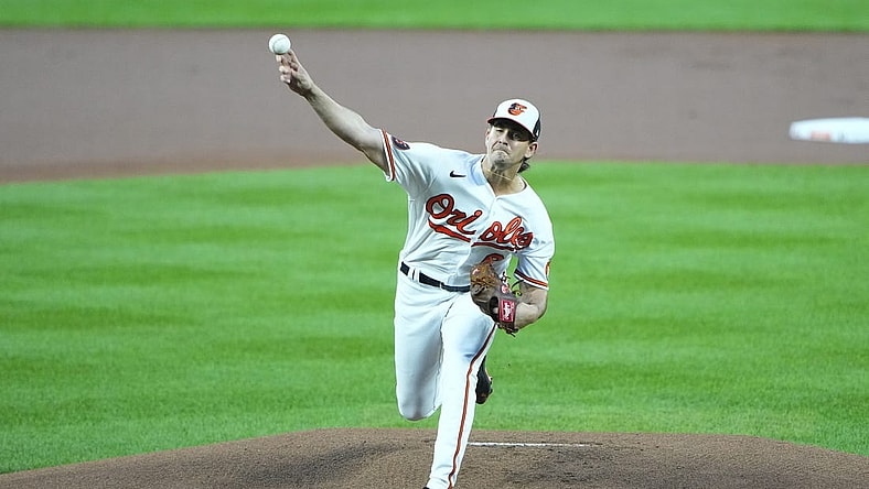 Sep 28, 2023; Baltimore, Maryland, USA; Baltimore Orioles pitcher Dean Kremer (64) delivers a pitch against the Boston Red Sox during the first inning at Oriole Park at Camden Yards. Mandatory Credit: Gregory Fisher-USA TODAY Sports