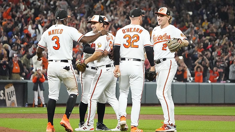 Sep 28, 2023; Baltimore, Maryland, USA; The Baltimore Orioles celebrate clinching the American League East Division after winning the game against the Boston Red Sox at Oriole Park at Camden Yards. Mandatory Credit: Gregory Fisher-USA TODAY Sports