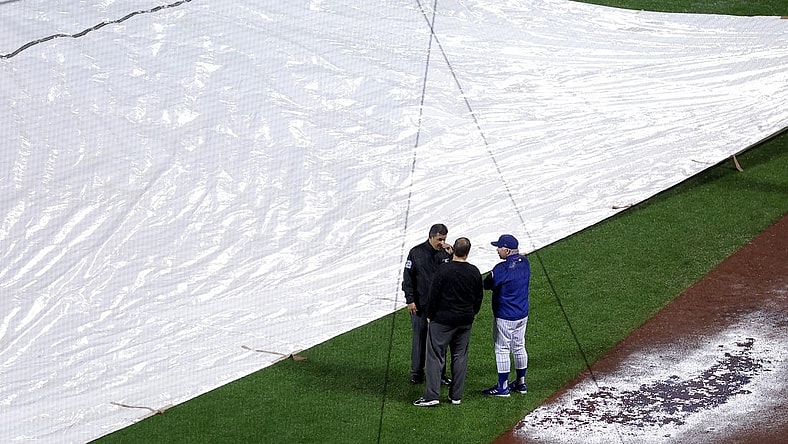 Sep 28, 2023; New York City, New York, USA; New York Mets manager Buck Showalter (11) talks to officials during a rain delay during the ninth inning against the Miami Marlins at Citi Field. Mandatory Credit: Brad Penner-USA TODAY Sports