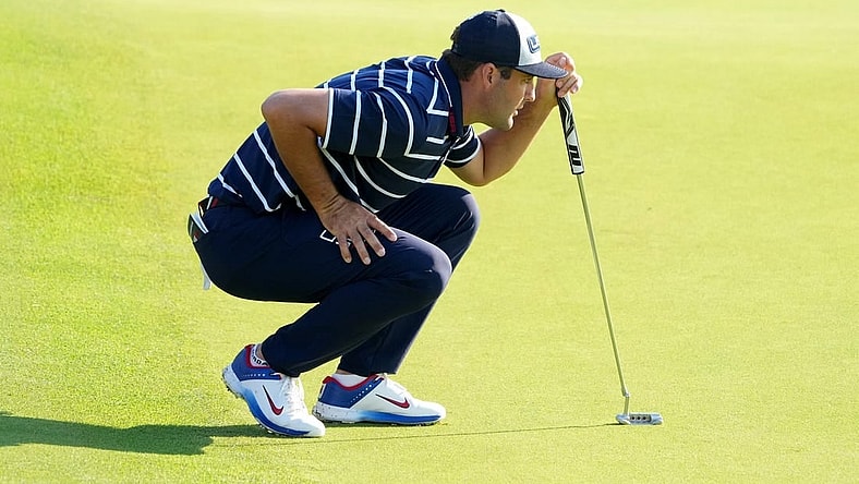 Sep 29, 2023; Rome, ITA; Team USA golfer Scottie Scheffler prepares to putt on the eighth hole during day one foursomes round for the 44th Ryder Cup golf competition at Marco Simone Golf and Country Club. Mandatory Credit: Kyle Terada-USA TODAY Sports