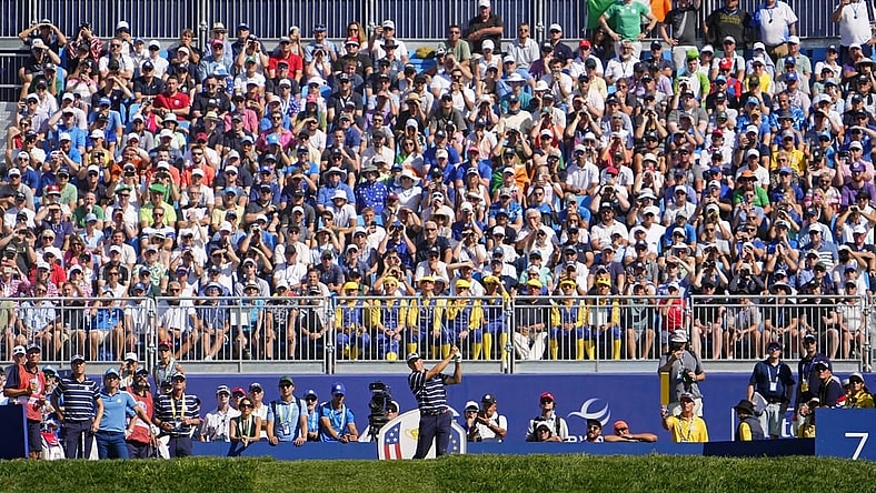 Sep 29, 2023; Rome, ITA; Team USA golfer Jordan Spieth tees off on the seventh hole during day one fourballs round for the 44th Ryder Cup golf competition at Marco Simone Golf and Country Club. Mandatory Credit: Adam Cairns-USA TODAY Sports